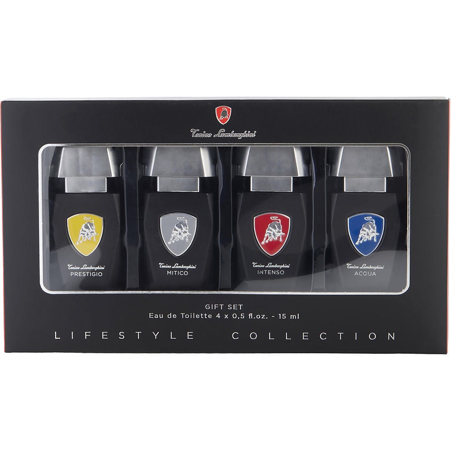 LAMBORGHINI VARIETY by Tonino Lamborghini - 4 PIECE VARIETY WITH PRESTIGIO & MITICO & INTENSO & ACQUA AND ALL ARE EDT 0.5 OZ